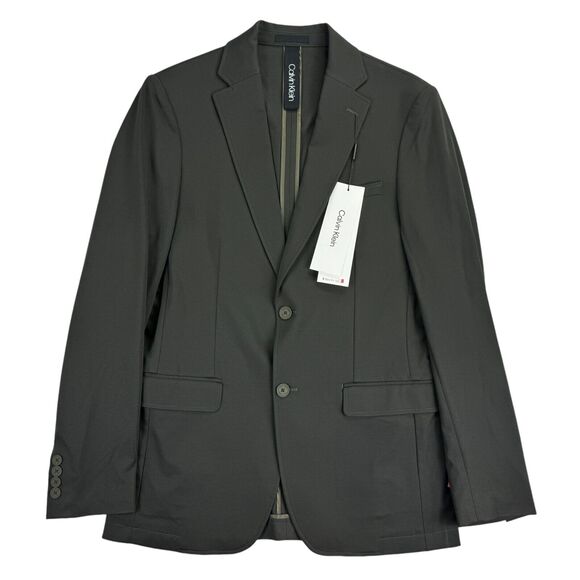 Calvin Klein Mens X Slim Fit Stretch Solid Knit Suit Jacket Olive Green 40L